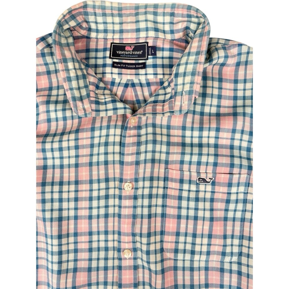 Vineyard Vines Performance Slim Fit Tucker Shirt L Plaid Pink Blue Check Button